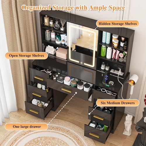 47'' Large Vanity Desk with Mirror and Lights, 7 Drawers, 8 Storage Shelves Vanity Table, Big Makeup Vanity Desk with 3 LED Lighting Modes