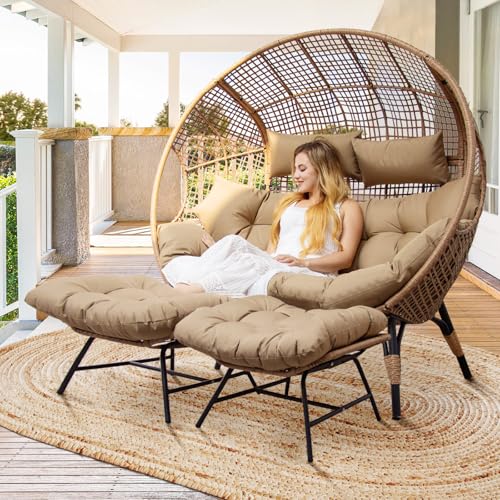 NICESOUL Stationary Egg Chair Indoor Outdoor Wicker Oversized Thick Cushions Egg Shaped Loveseat Chair