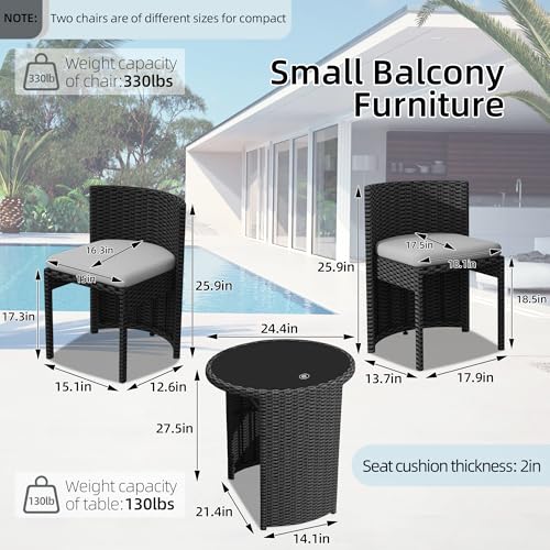 TWT 3 Pieces Fully Assembled Aluminum Outdoor Patio Bistro Set All-Weather Wicker Patio Furniture with Tempered Glass Table & Patio Chairs for