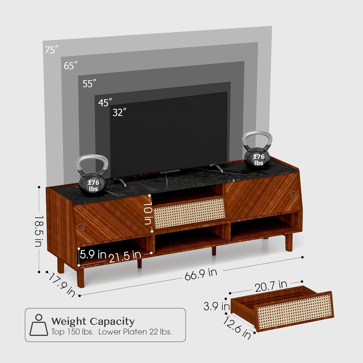 TV Stand for 75+ Inch TV, Mid Century Modern TV Stand with Rattan Drawer,Entertainment Center with Storage, Large Media TV Console