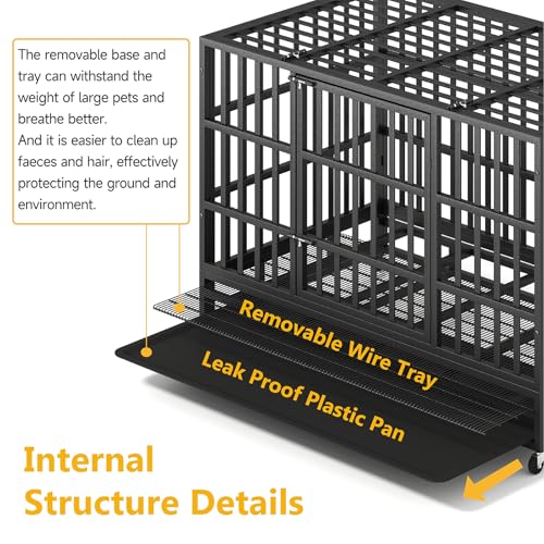 48 Inch Heavy Duty Dog Crate – Indestructible Steel Cage for Large Dogs, Double Door High Anxiety Cage with Removable Tray & Locking Wheels