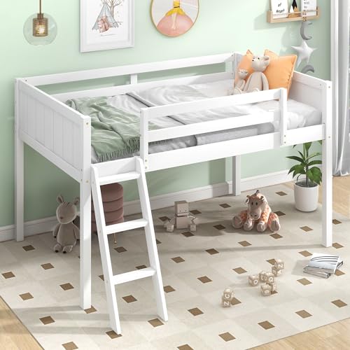 Full Size Loft Bed with L-Shaped Desk, Wardrobe and Storage Shelves, Solid Wood Bedframe w/Safety Guardrails & Ladder for Kids Teens Adults