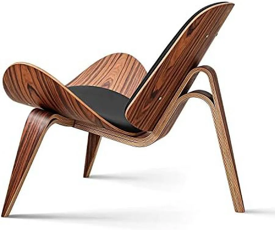 TJUNBOLIFE Mid Century Modern Shell Lounge Chair PU Leather Tripod Plywood Classic Design Solid Wood Accent Chairs for Living Room Reading Lounge