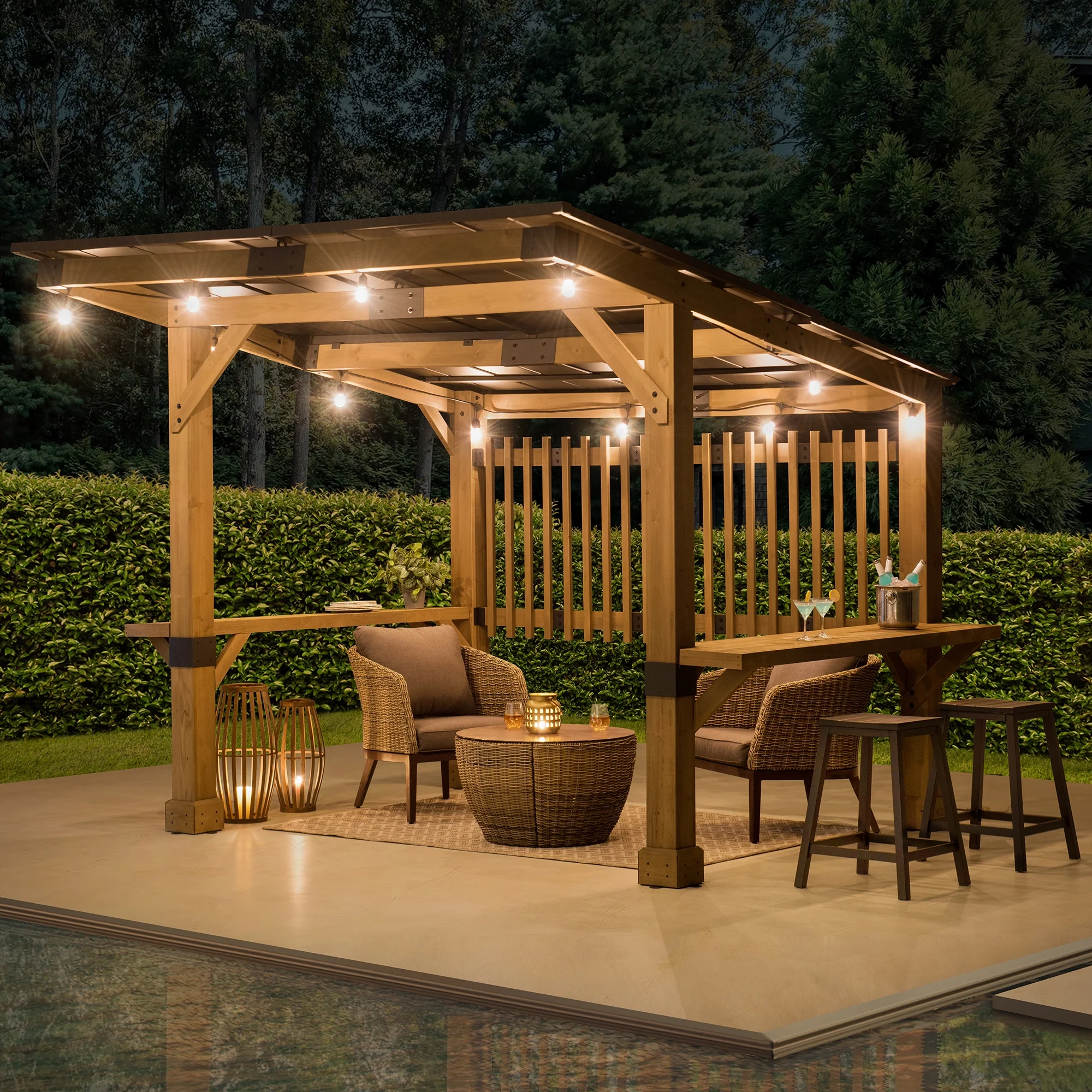 Sunjoy Wooden Grill Gazebo 10 ft. x 11 ft. Outdoor Cedar Frame BBQ Gazebo, Backyard Hot Tub Gazebo with Aluminum Hardtop Roof