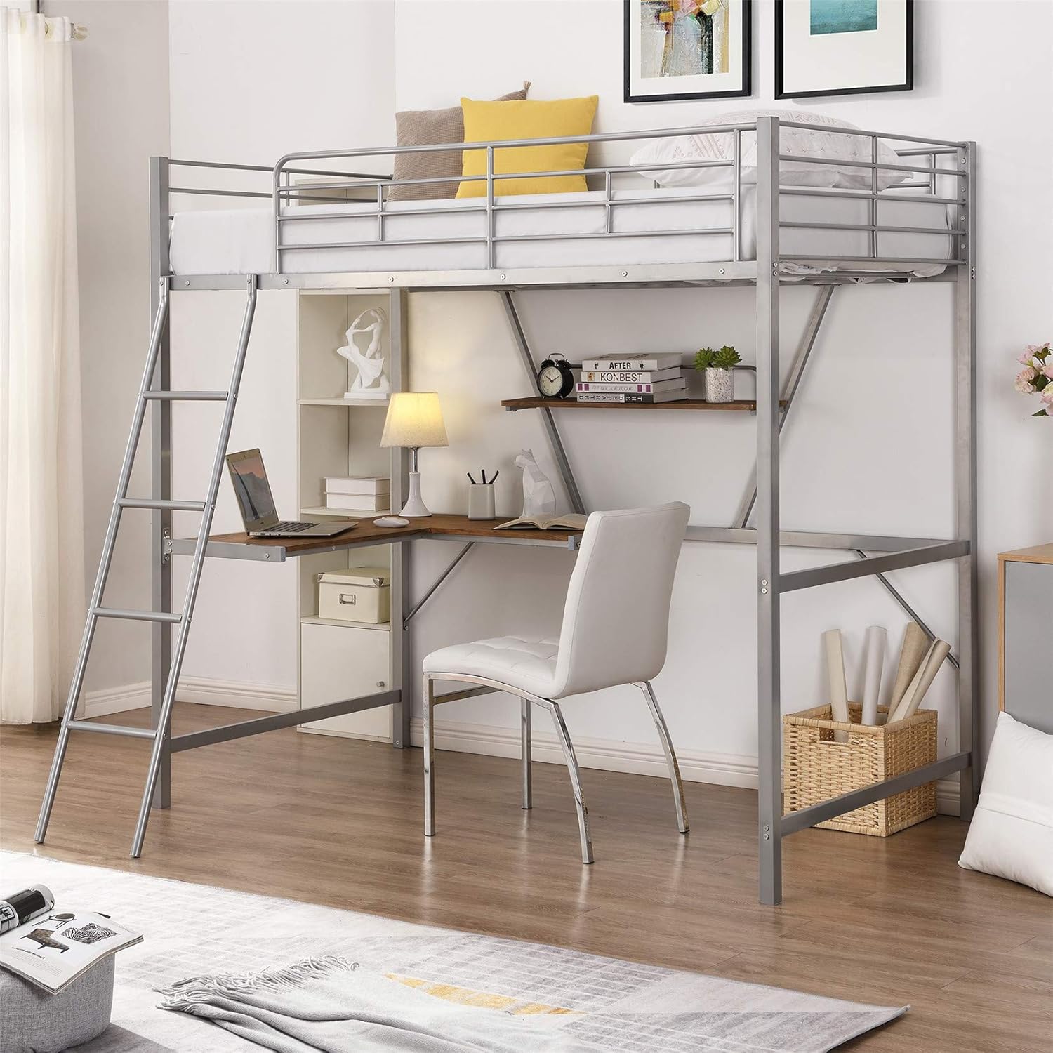 Metal Loft Bed Studio Loft Bunk Bed Over Desk and Bookcase with 2 Ladders and Keyboard Tray,Twin Loft Bed for Dorm, Boys & Girls Teens Kids, Black