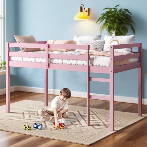 Low Loft Bed Twin Size, Kids Solid Wood Modern Loft Bed Frame with Ladder and Safety Guardrail for Girls Boys, Noise-Free,Non-Toxic Finishes