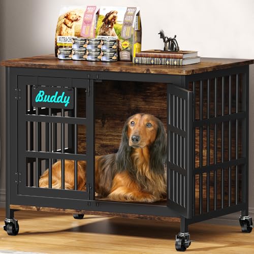 EasyCom 48"/42"/33" Dog Crate Furniture with Name Tag, Heavy Duty Dog Kennel Indoor for Large Dogs