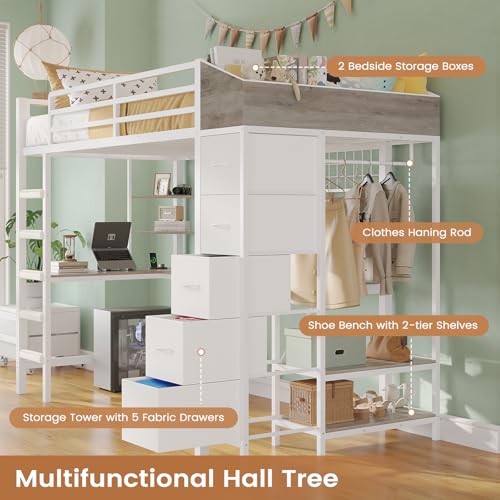 VIAGDO Loft Bed Twin Size with Hall Tree, Charging Station and LED Lights, Metal Loft Bed with L-Shaped Desk, 5 Storage Drawers