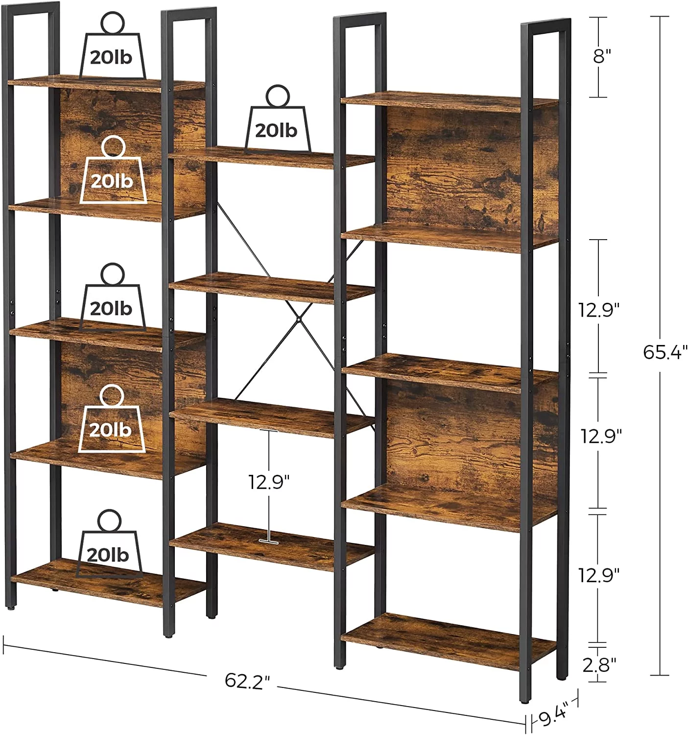 VASAGLE 5 Tier Large Bookcases and Bookshelves Triple Wide Bookshelf with 14 Storage Shelves Living Room Study Office Industrial Style Rustic Brown