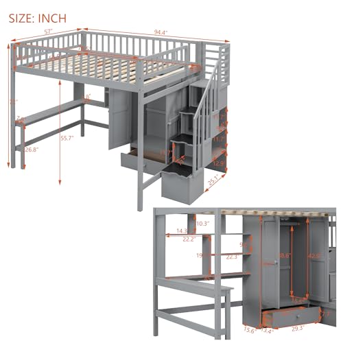 Twin Loft Bed with Staircase, Desk and Wardrobe, Wood Loft Bed with Storage Shelves and Safety Guardrail