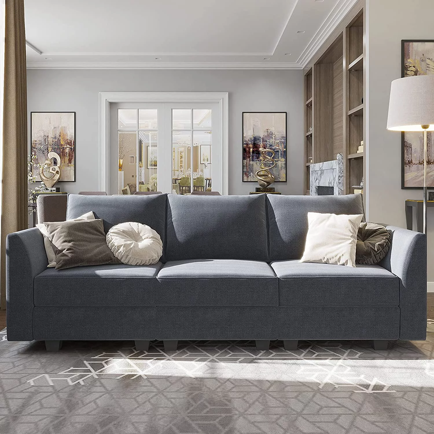 HONBAY Modern Sectional Sofa Upholstered 3-Seater Modular Couch, Bluish Gray