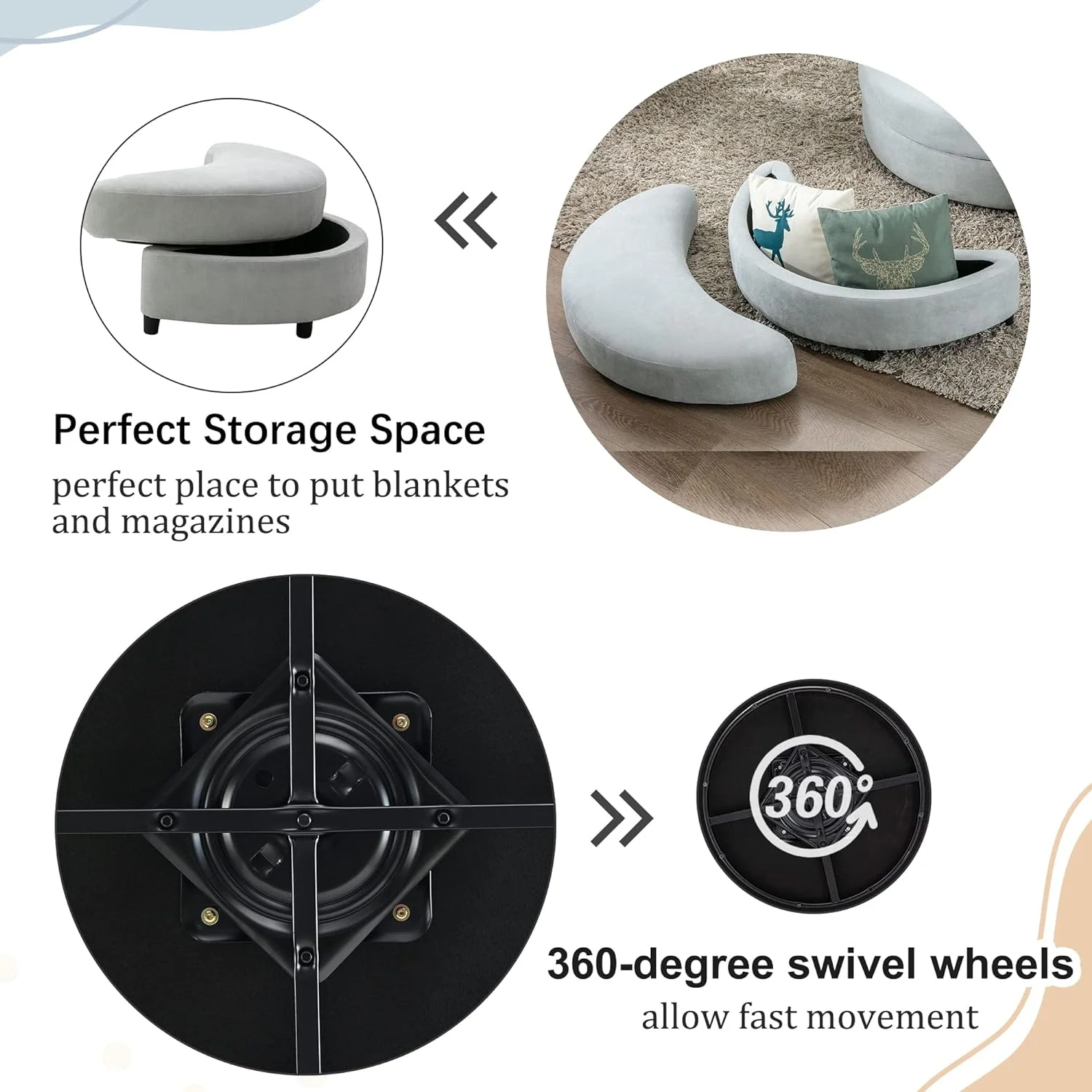 Swivel Accent Barrel Chair With Storage Ottoman & 4 Pillows, Modern Linen Leisure Chair Round Accent For Living Room