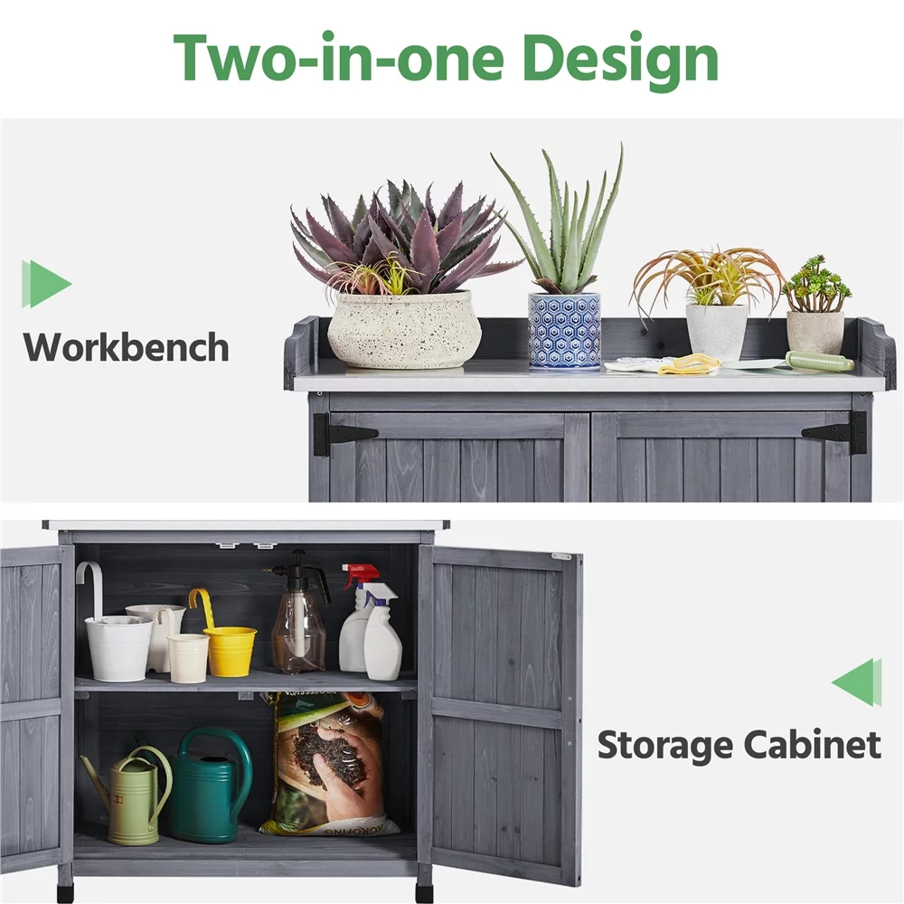 SmileMart Wooden Garden Potting Bench Table with Cabinet for Outdoor, Gray