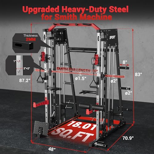 Smith Machine Home Gym All in One, 2200LBS Squat Rack Power Cage with Smith Bar, LAT Pull-Down, Cable Systems, Leg Hold-Down and More Attachments