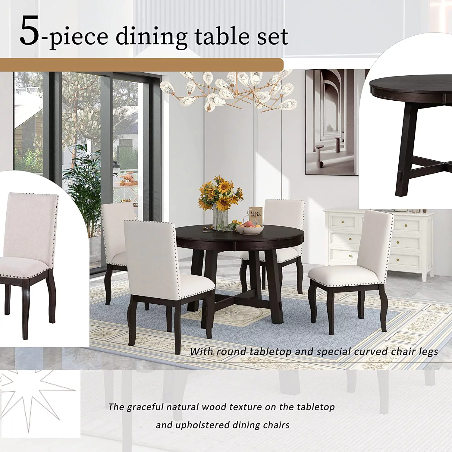 5-Piece Farmhouse Extendable Round Dining Table and Upholstered Chair Set, Round Dining Table with Shelf, Wood Dining Table Set for Family Dining Area