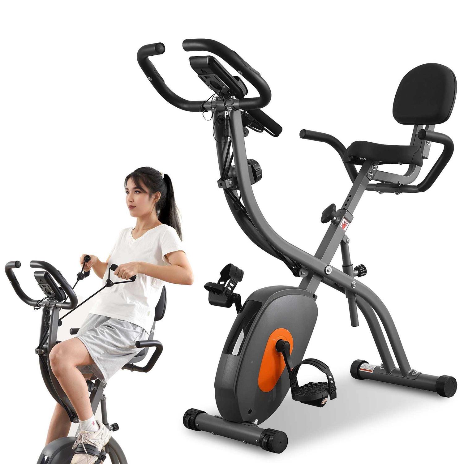 Folding Exercise Bike Stationary Recumbent 3-in-1 Exercise Bike Portable Magnetic with Adjustable Arm Resistance Bands and LCD Monitor and Pulse Grip