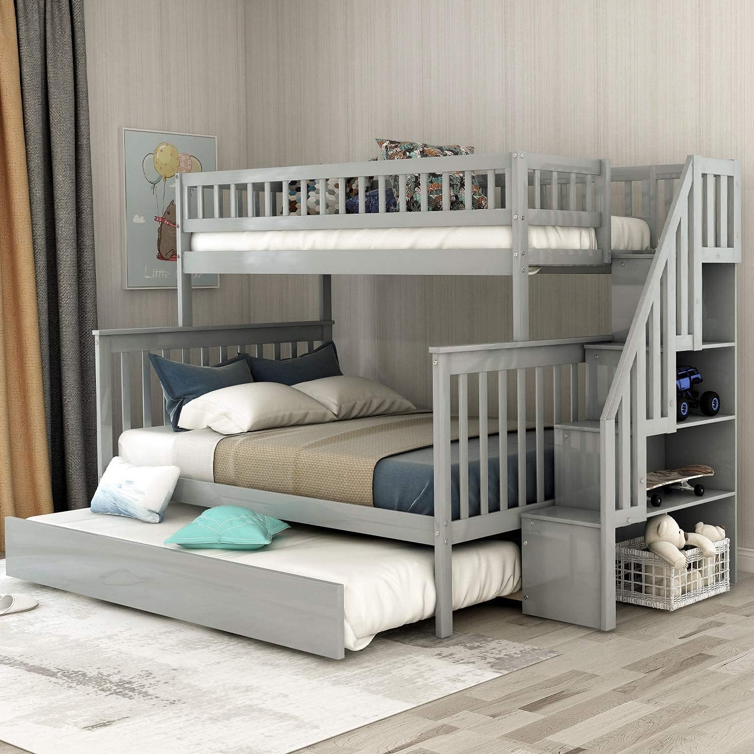 COODENKEY Twin Over Full Bunk Bed with Safety Guardrails & Ladder,Can be Separated,No Box Spring Needed, Perfect for Kids Bedroom, 78.7×55.9×62.3