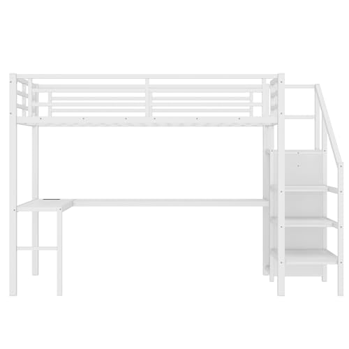 Bellemave Full Size Metal Loft Bed with L Shaped Desk and Wardrobe, Heavy Duty Loft Bed Frame with Storage Stairs