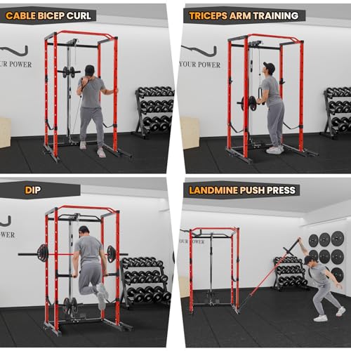 Power Cage with LAT Pulldown, Multi-Functional Power Rack with Cable Pulley System and J-Hooks, Squat Rack with Dip Bars and Landmine Attachment