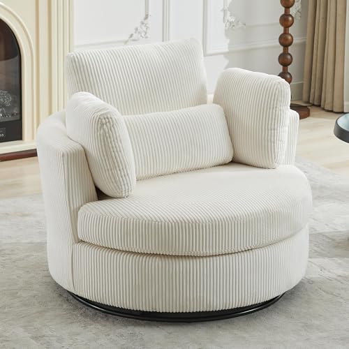 Aoiy & Wifon 42.2" W Oversized Swivel Barrel Chair with Ottoman, Upholstered Round Accent Chair with Storage Ottoman, Chenille, Beige