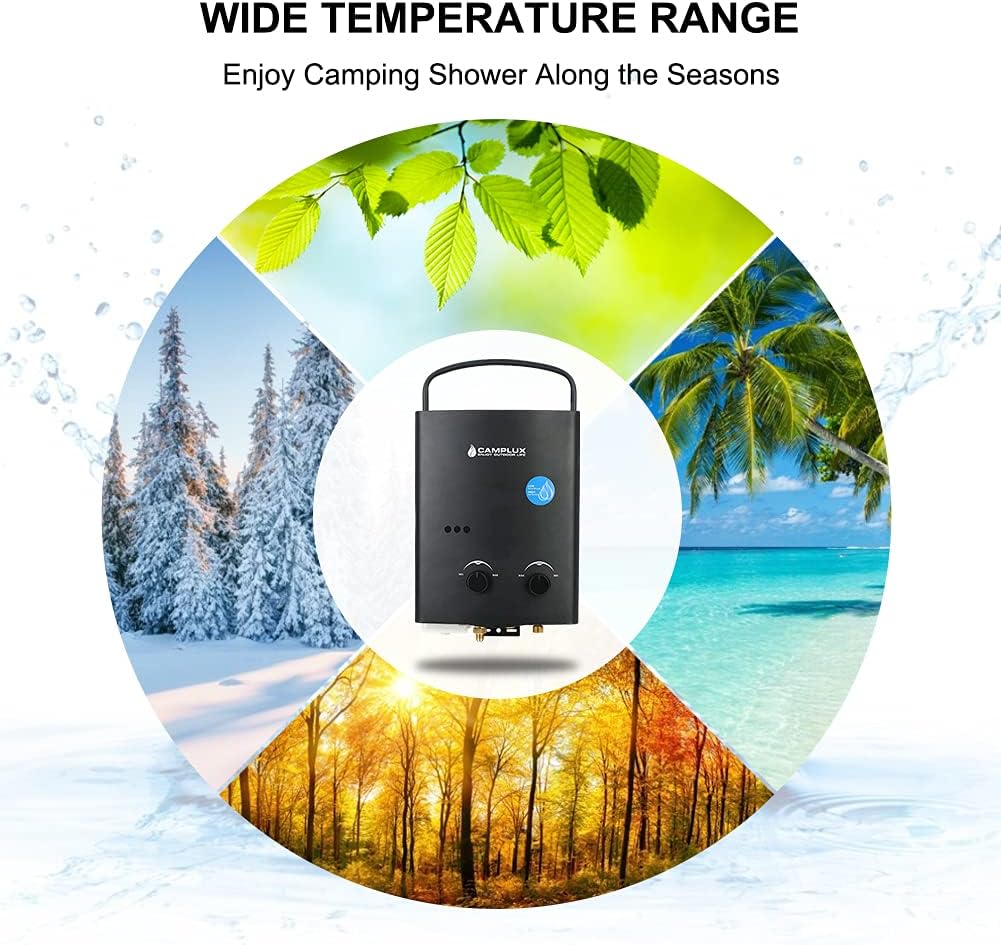 Camplux 1.32 GPM Outdoor Propane Portable Tankless Water Heater with Portable Handle, Black