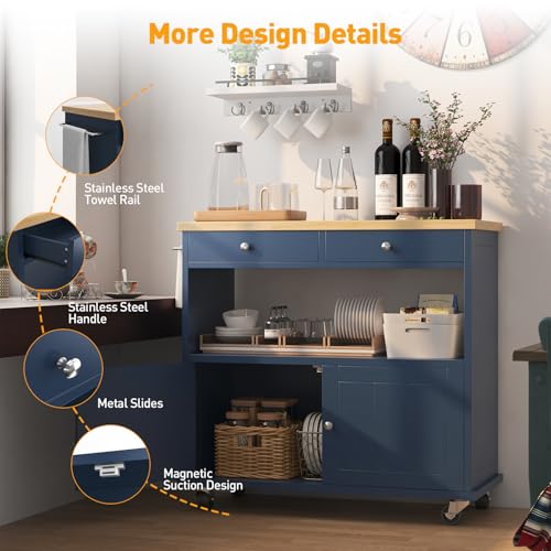 Rolling Kitchen Island with Storage Cabinet, 35.4'' Width Kitchen Cart, 2 Drawers Island Table, Portable Mobile Kitchen Island with Towel Rack