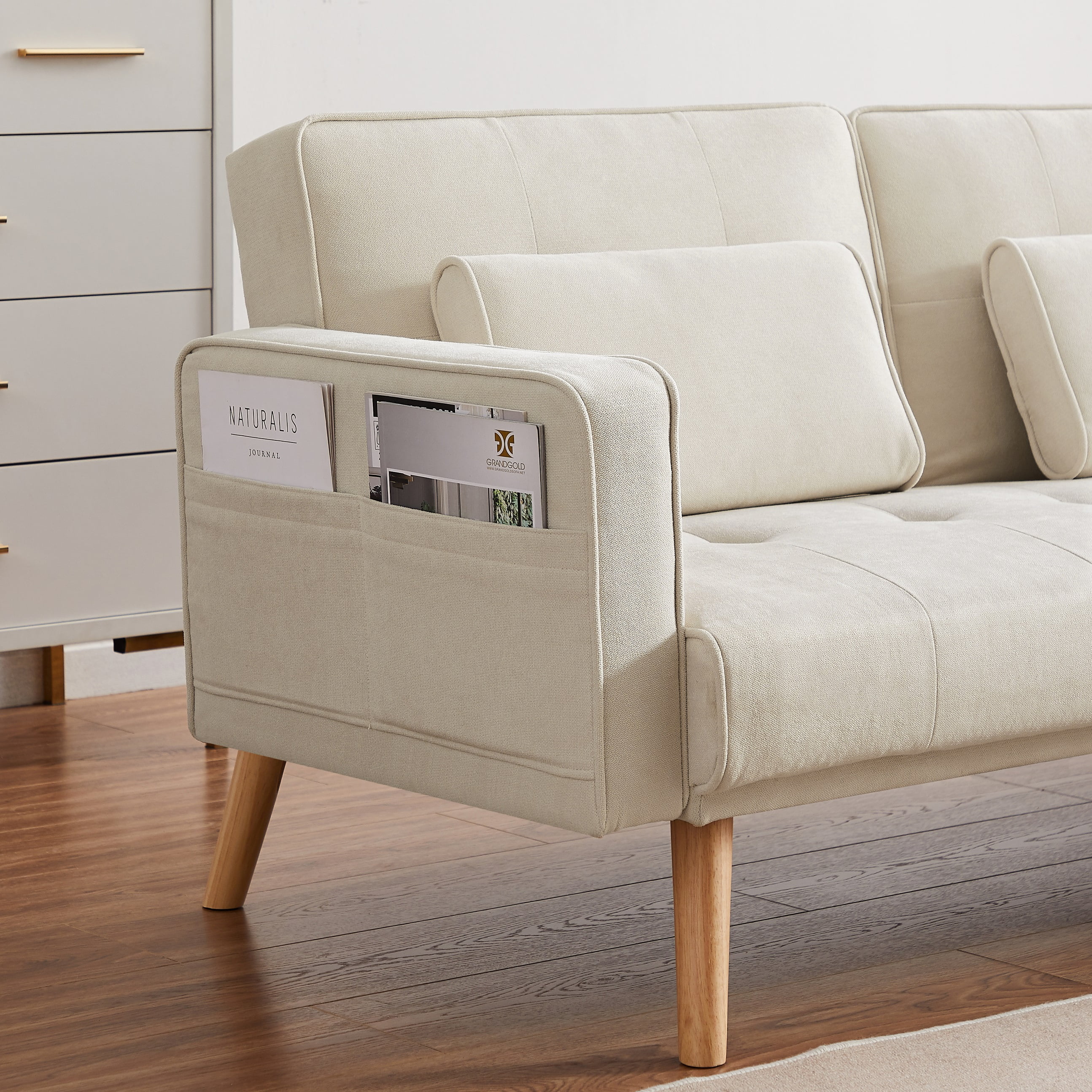 Momspeace Convertible Sectional Sofa Upholstered Sleeper Sofa Couch Bed with Left Chaise L-shaped Corner&nbsp;Sofa Chair for Living Room - Dark Beige