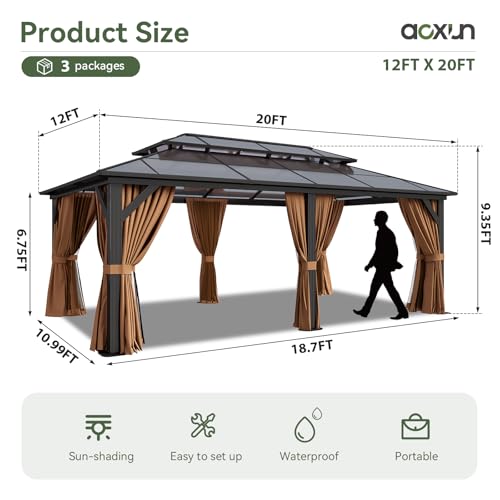 Aoxun 12'x16' Hardtop Gazebo, Aluminum Frame Permanent Pavilion with Netting and Curtains, Outdoor Polycarbonate Double Roof Canopy