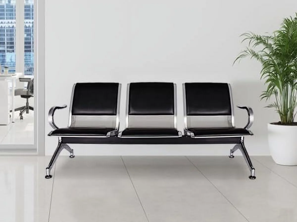 Waiting Room Reception Chairs - PU Leather Airport Reception Chairs With Arms, Office Guest Chairs For Bank, Hospital, Market (3-Seat, Black & Sliver)