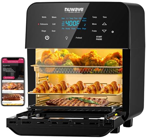 Nuwave Brio 15.5Qt Air Fryer Rotisserie Oven, X-Large Family Size, Powerful 1800W, 4 Rack Positions, 50°-425°F Temp Controls, 100 Presets & 50 Memory