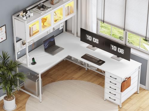 SEDETA L Shaped Gaming Desk with Drawers, L Shaped Computer Desk with Hutch and Storage Shelves, Gaming Desk with Pegboard, Led Lights