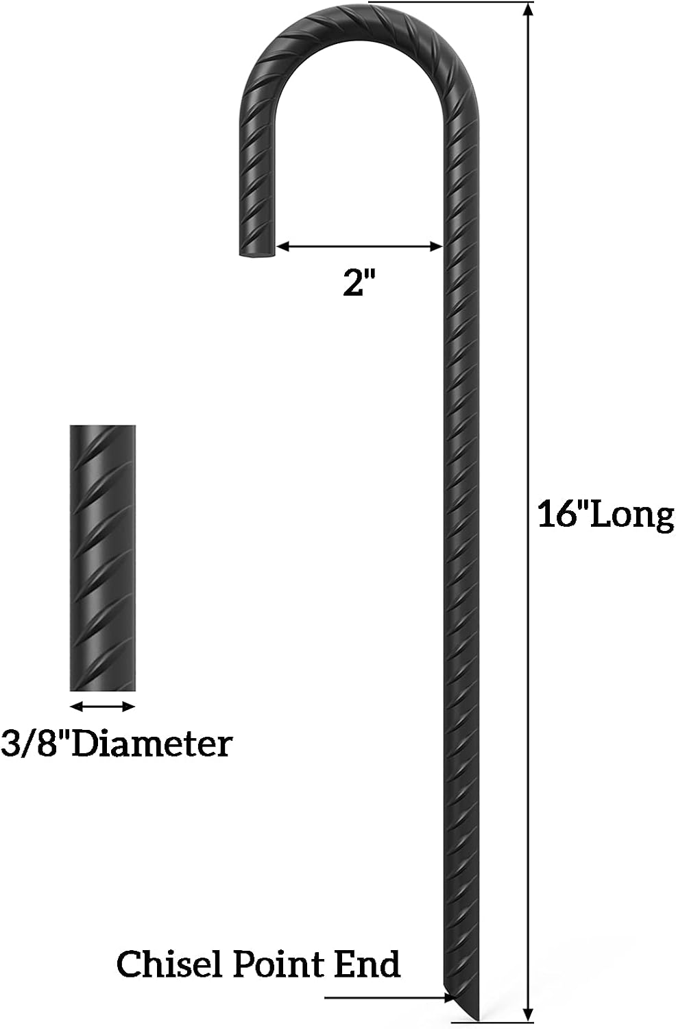 AAGUT 16” Rebar Stakes Heavy Duty J Hook 24 Pcs Ground Anchors Black Steel Metal Garden Stake Yard Spikes for Camping Tent, Chain Link Fence Pack of 2
