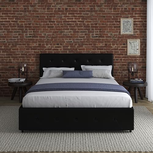 DHP Dakota Upholstered Platform Bed with Underbed Storage Drawers and Diamond Button Tufted Headboard and Footboard, No Box Spring Needed, King