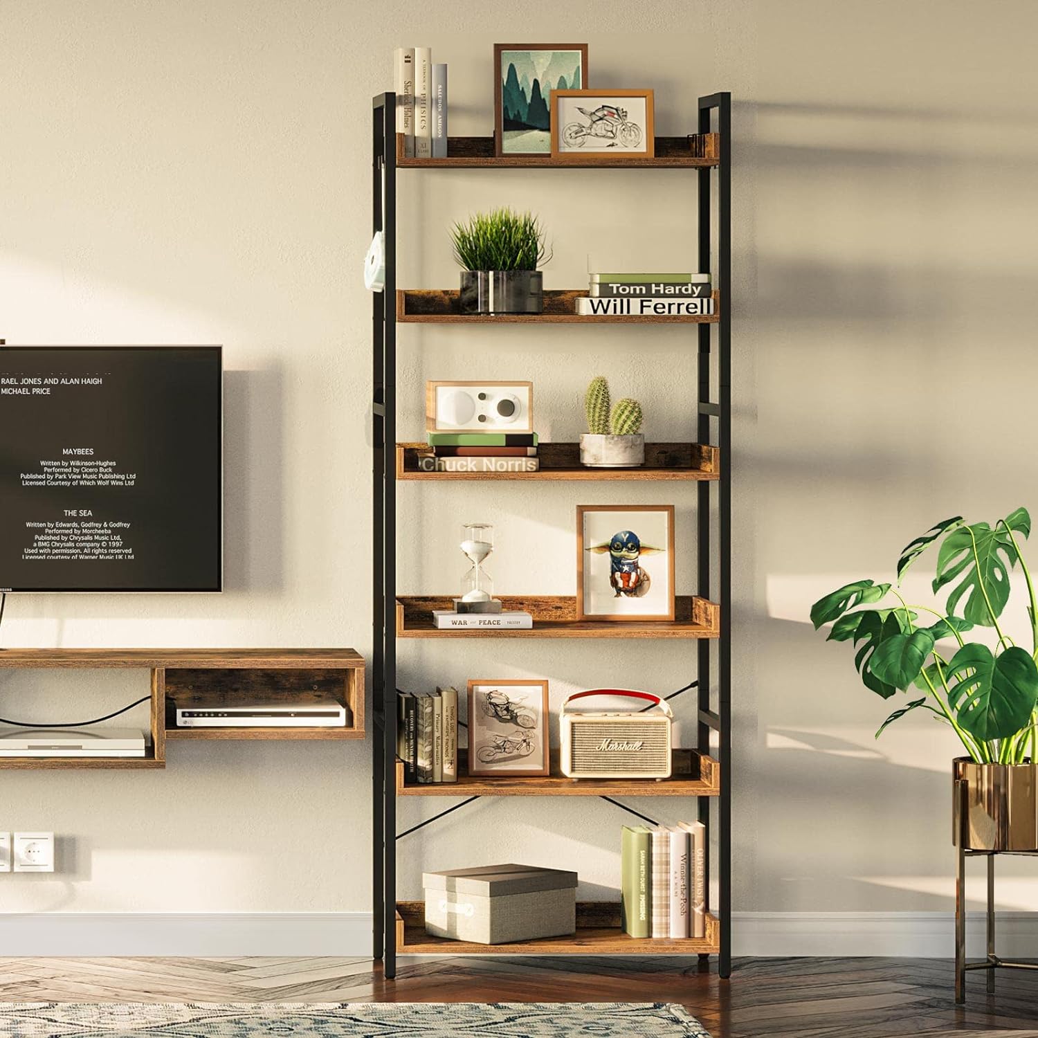 Rolanstar 5 Tier Bookshelf, Industrial Wood Bookcase with 4 Hooks, Vintage Storage Rack with Open Shelves