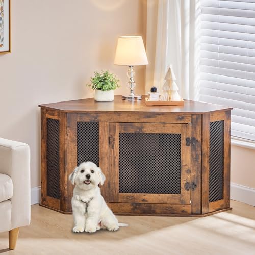 Corner Dog Crate Furniture, Wooden Dog Kennel End Table, Decorative Pet Crate Indoor Use, Furniture Style Dog House for Small Medium Dog