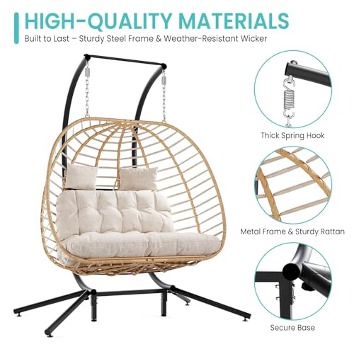 SWITTE Double Egg Swing Chair with Stand, Outdoor Patio 2 Person Hanging Wicker Hammock Chairs with Cushion for Indoor Bedroom, Lawn, Garden-Dark Grey