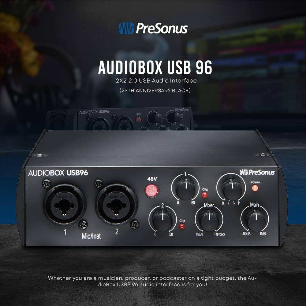 PS PreSonus AudioBox USB 96 2.x USB Audio Interface (25th Anniversary Black) w/Studio One Artist & Studio Magic Recording w/Two Condenser Microphones