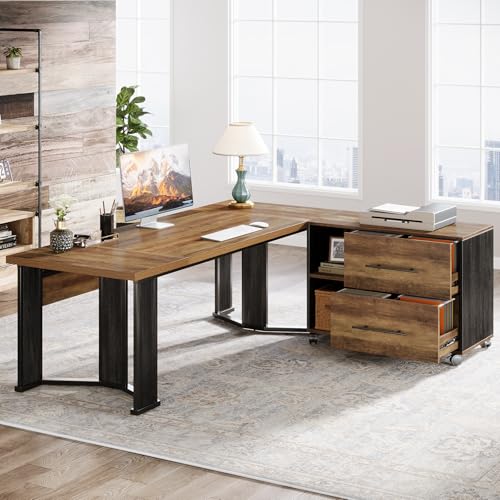 Tribesigns 70.86" Executive Desk with Mobile File Cabinet, Large L Shaped Computer Office Desk with 2 Drawers and Storage Shelves