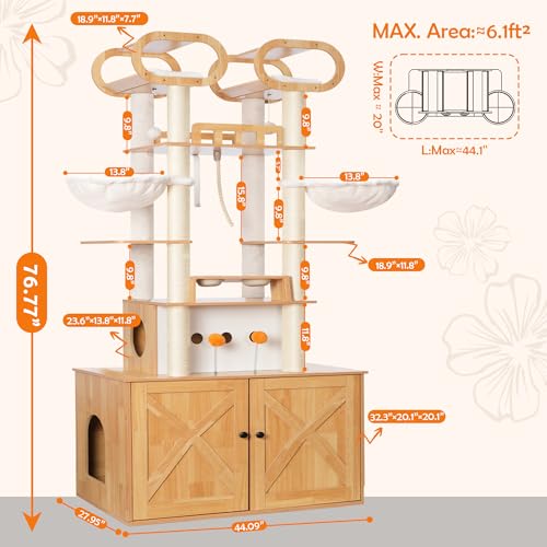 Heybly Cat Tree with Litter Box Enclosure, 76.8-inch Wooden mainecoons Cat Tower with Food Station,Extra Large Platforms