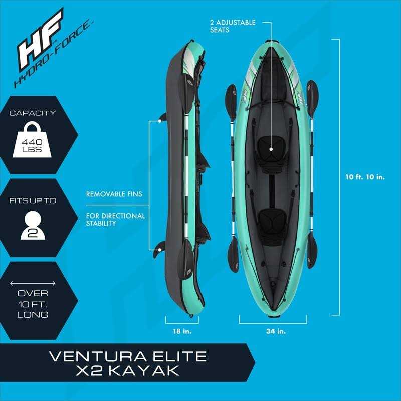 Bestway Hydro-Force 2-person Ventura Elite Inflatable Kayak Set Includes Kayak, 2 Aluminum Paddles, Hand Pump, 2 Fins and Carry Bag