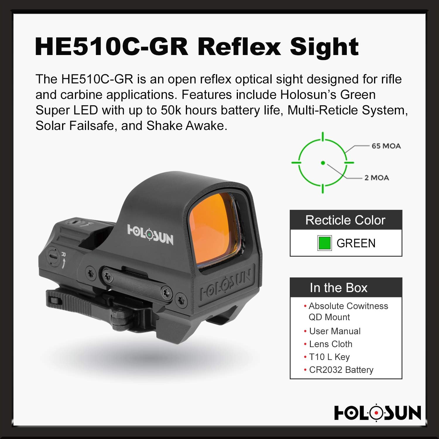 HOLOSUN - HE510C-GR Open Reflex Optical Sight with Super Green LED (2 MOA Dot, 65 MOA Circle) title