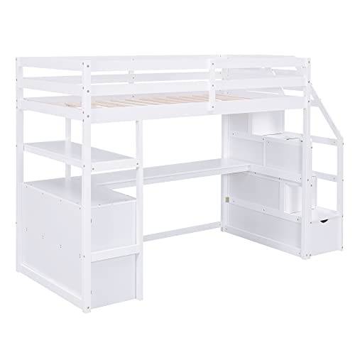 Twin Loft Bed with Staircase, Desk and Wardrobe, Wood Loft Bed with Storage Shelves and Safety Guardrail