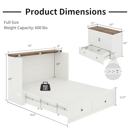 Full Size Murphy Bed with Charging Station, Cabinet Bed with Large Storage Drawer for Home Office or Small Room, Full Foldable Platform Bed, White