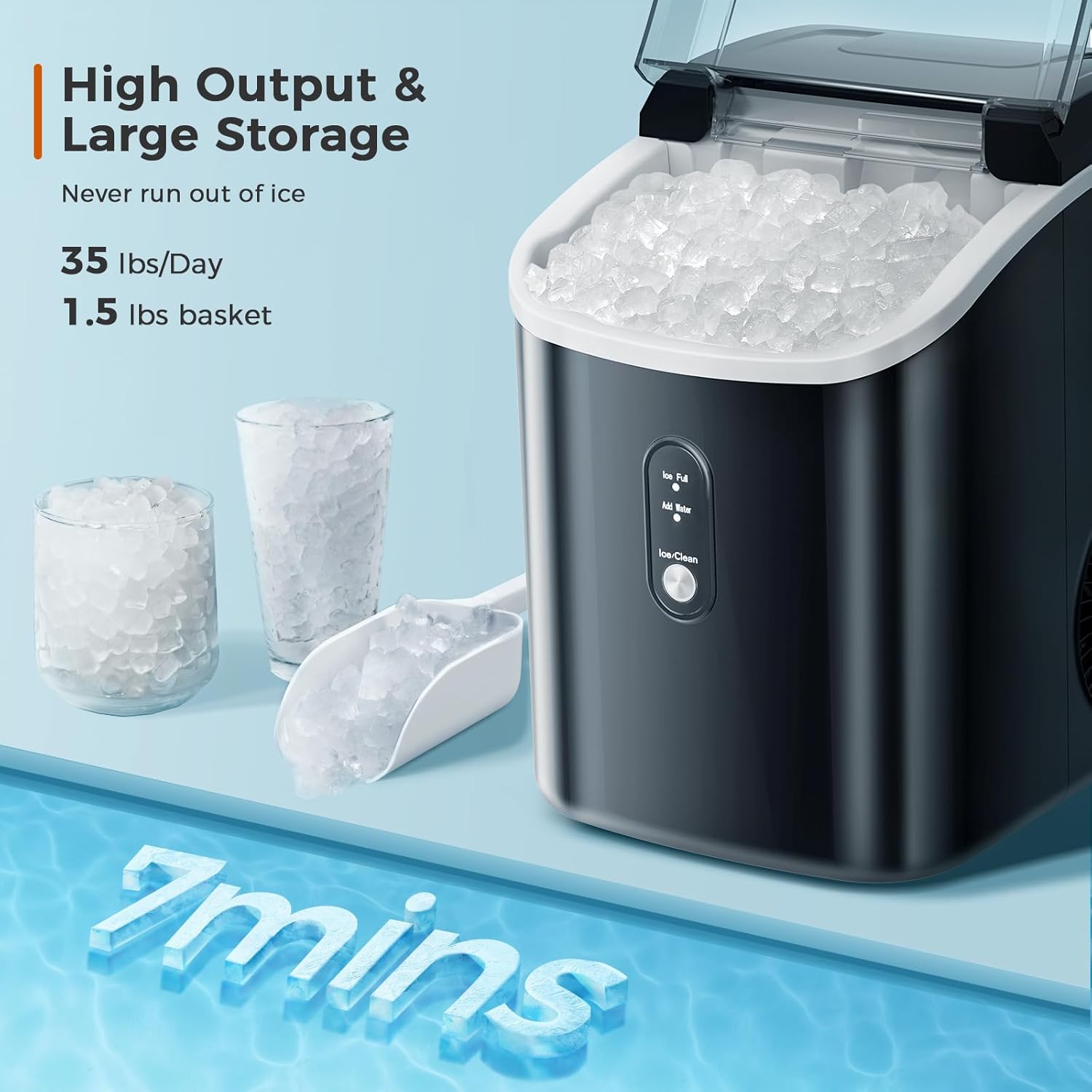 AGLUCKY Nugget Ice Maker Countertop, Portable Ice Maker Machine with Self-Cleaning Function,35lbs/24H,One-Click Operation