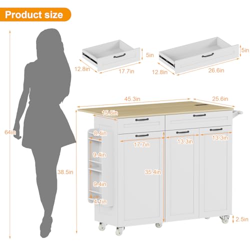 Rolling Kitchen Island with Power Outlet & Drop Leaf, Kitchen Island Cart with Trash Storage Cabinet