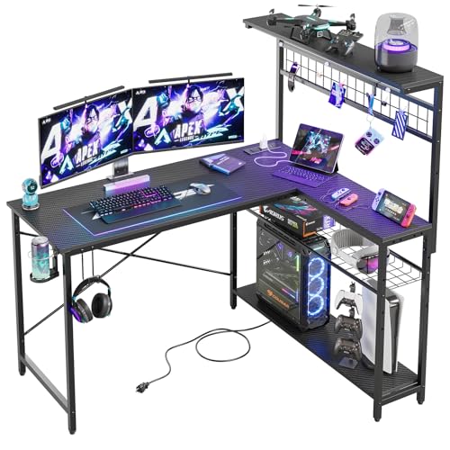 Bestier 42 L Gaming Desk,Computer Desk with Power Outlets, LED Lights, Reversible Corner Desk with 4-Tier Shelves,Cup Holder & Hook Carbon Fiber Black