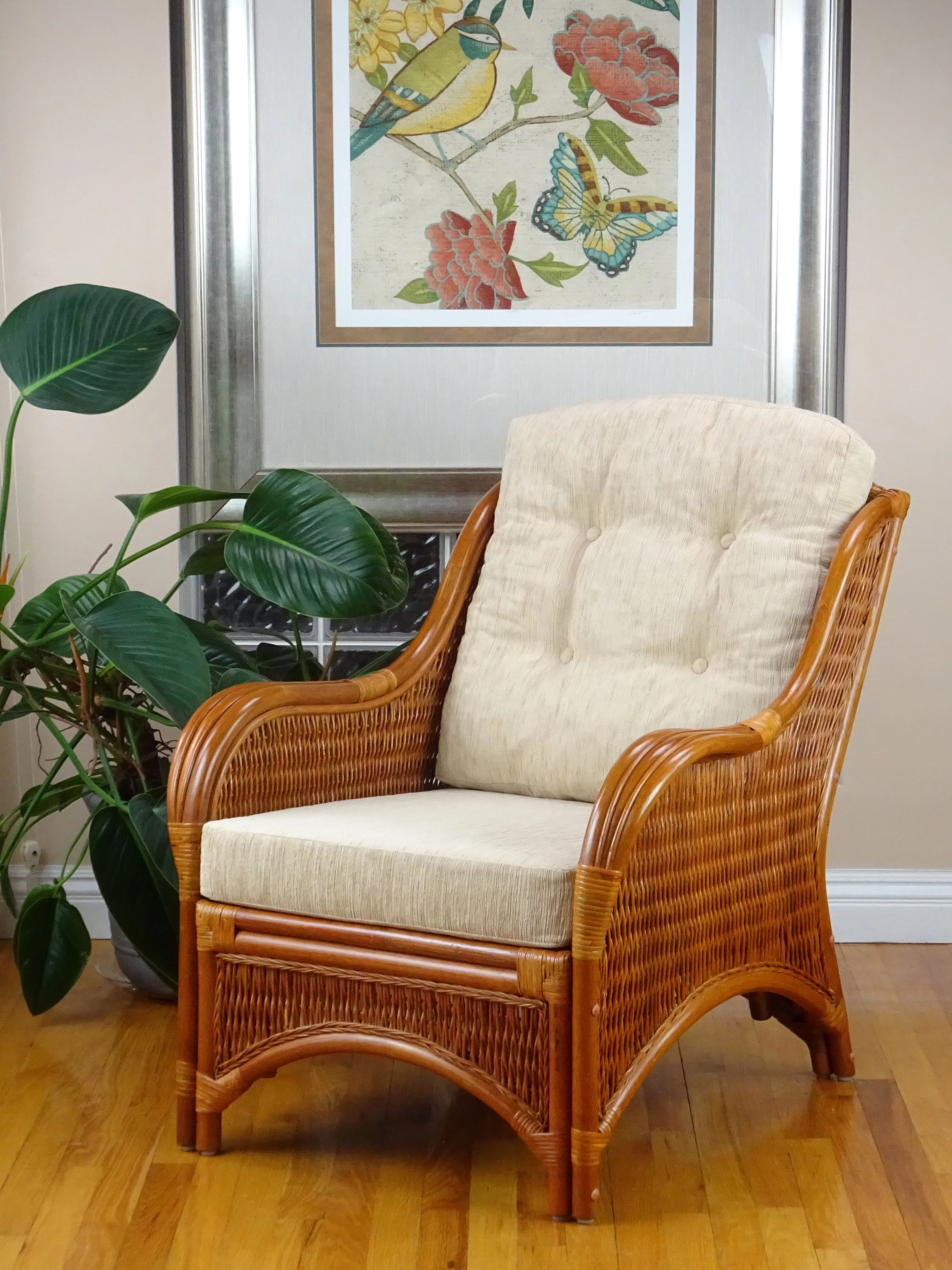 SK New Interiors Jam Lounge ArmChair ECO Natural Rattan Wicker Handmade Cream Cushions, Colonial Color