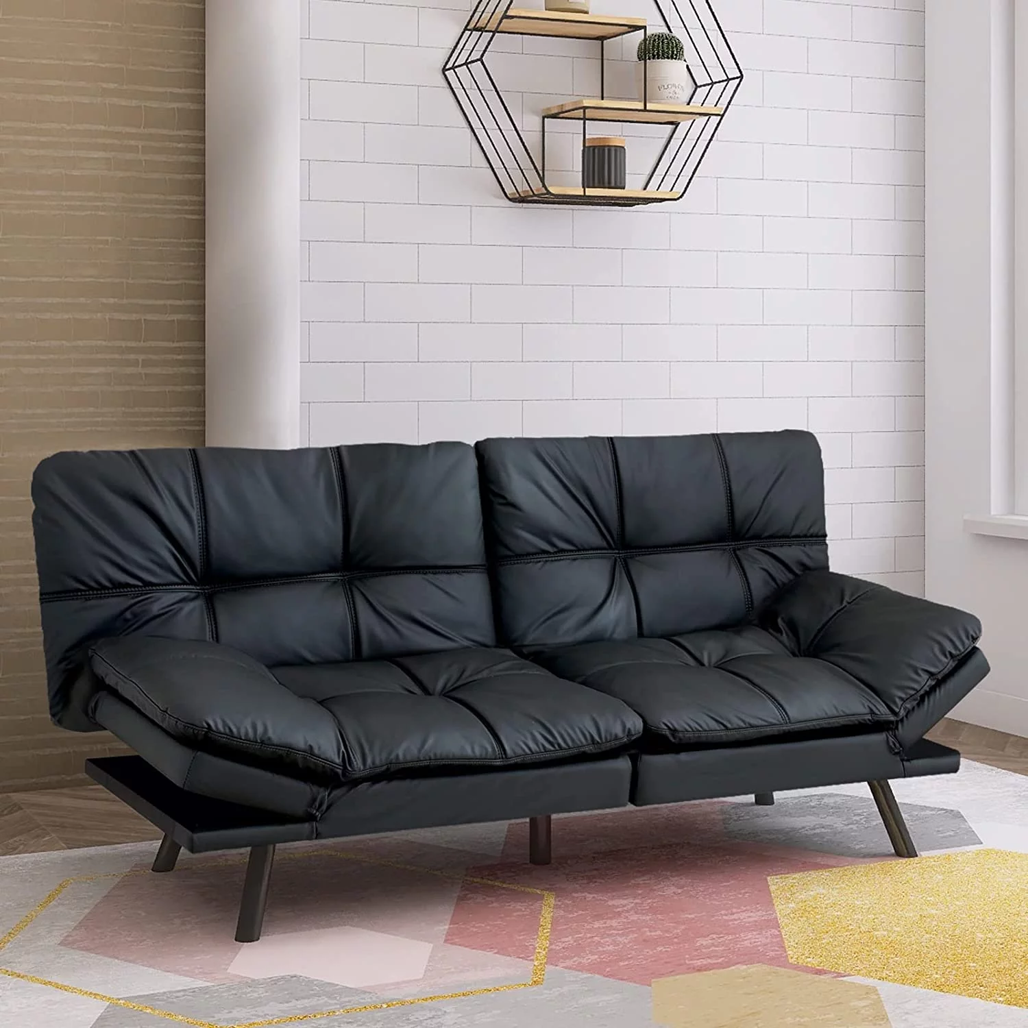 Convertible Futon Sofa Bed,Black Leather Memory Foam Loveseat Futons Sofa Couch,Small Euro Lounger Sofa For Compact Living Spaces,Apartment,Dorm