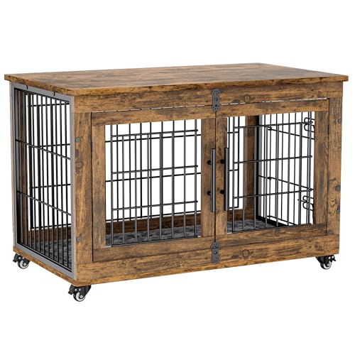 Lulive Dog Crate Furniture for Medium Dogs, 32'' Dog Kennel Indoor with Cushion & Wheels Wooden Dog Cage Double Doors Dog Crate End Table, Grey