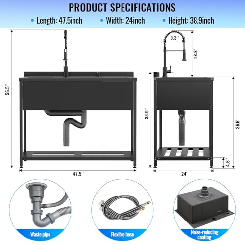 Stainless Steel Utility Sink, 30.8" × 22" × 39.5"Freestanding Sink with Cold and Hot Water Faucet,Hoses and Drain Kit for Kitchens, Bathrooms, Garage